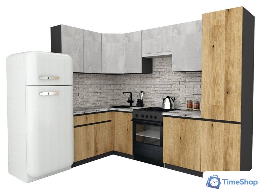 Готовая кухня ВерсоМебель Эко-7 1.4x2.6 левая (бетонный камень/дуб эвок прибрежный/ст.мрамор итальянский) - Изображение №1 — Интернет-магазин Time-Shop