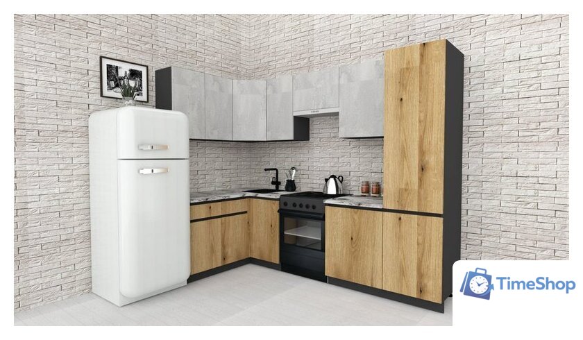 Готовая кухня ВерсоМебель Эко-7 1.4x2.6 левая (бетонный камень/дуб эвок прибрежный/ст.мрамор итальянский) - Изображение №2 — Интернет-магазин Time-Shop