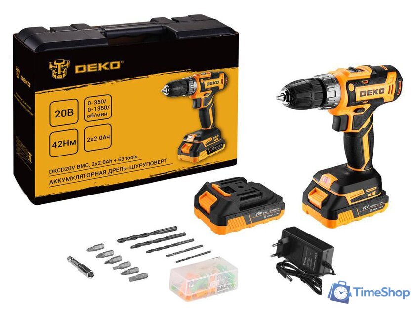 Дрель-шуруповерт Deko DKCD20V 080-1002 (с 2-мя АКБ, кейс, оснастка) - Изображение №1 — Интернет-магазин Time-Shop