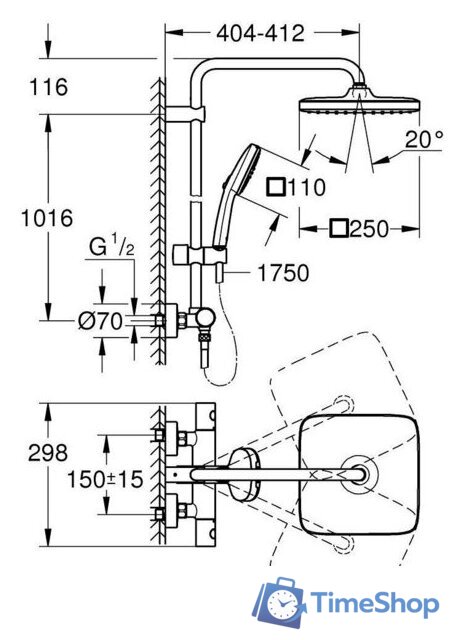 Душевая система  Grohe Tempesta System 250 Cube 26689001 - Изображение №6 — Интернет-магазин Time-Shop