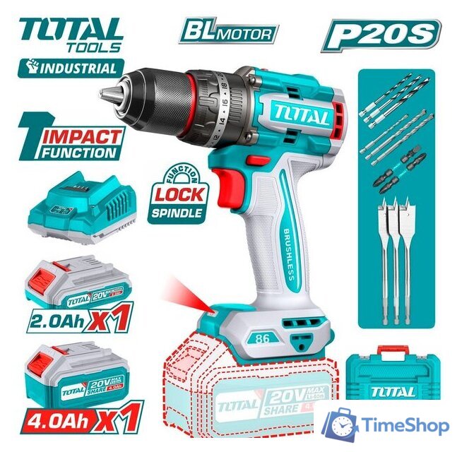 Ударная дрель-шуруповерт Total TIDLI20868 (с 2-мя АКБ, кейс) - Изображение №1 — Интернет-магазин Time-Shop