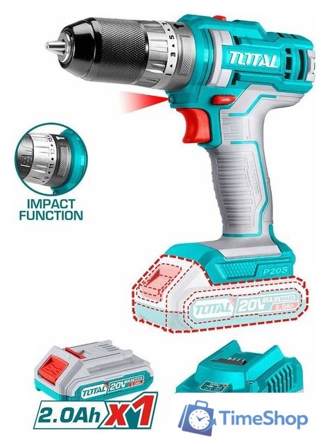 Ударная дрель-шуруповерт Total THKTHP11652 (с 1-м АКБ, кейс, набор оснастки) - Изображение №2 — Интернет-магазин Time-Shop