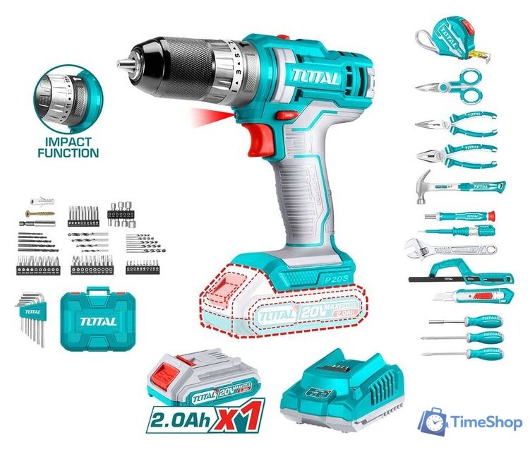 Ударная дрель-шуруповерт Total THKTHP11652 (с 1-м АКБ, кейс, набор оснастки) - Изображение №1 — Интернет-магазин Time-Shop