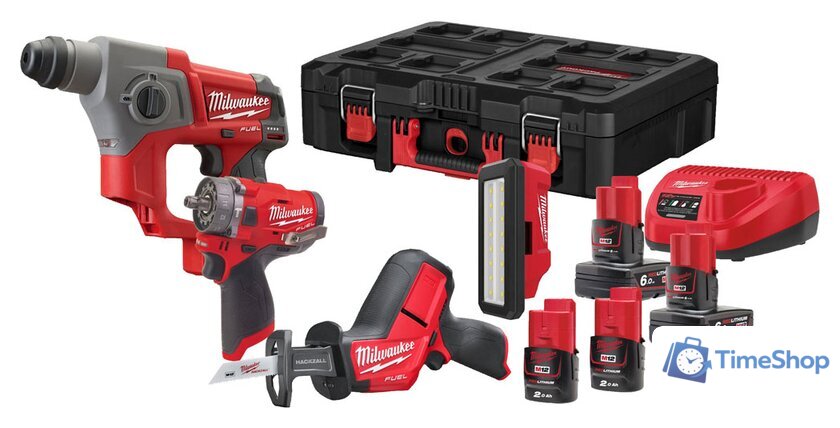  Milwaukee M12 FUEL M12FPP4C-624PEU (перфоратор, сабельная пила, шуруповерт, фонарь, 3 АКБ, кейс) - Изображение №1 — Интернет-магазин Time-Shop