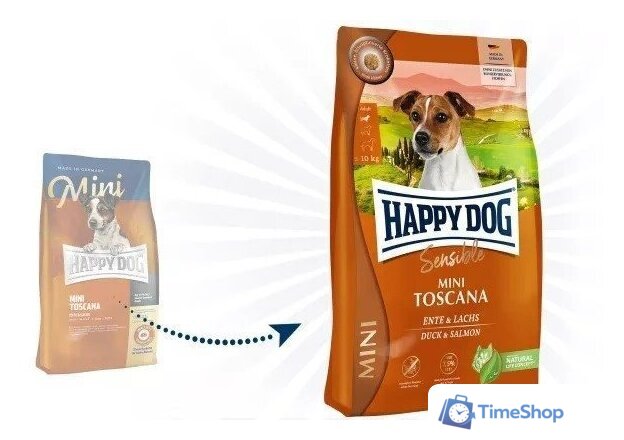 Сухой корм для собак Happy Dog Mini Toscana. Утка и лосось 61300 10 кг - Изображение №2 — Интернет-магазин Time-Shop