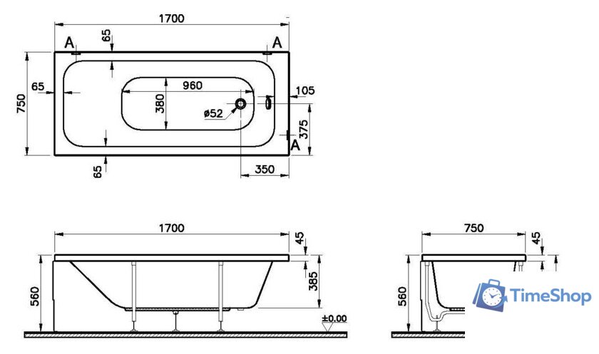 Ванна Vitra Optimum Neo 170x75 64570001000 - Изображение №3 — Интернет-магазин Time-Shop