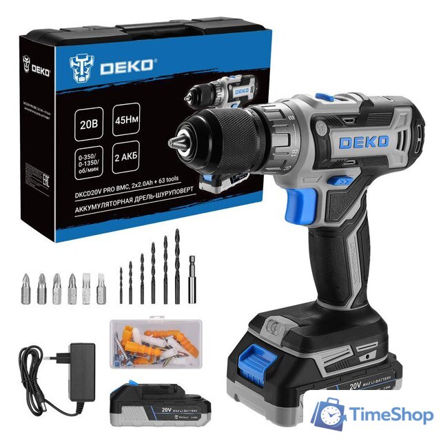 Дрель-шуруповерт Deko DKCD20V PRO 080-1001 (с 2-мя АКБ, кейс, оснастка) - Изображение №1 — Интернет-магазин Time-Shop