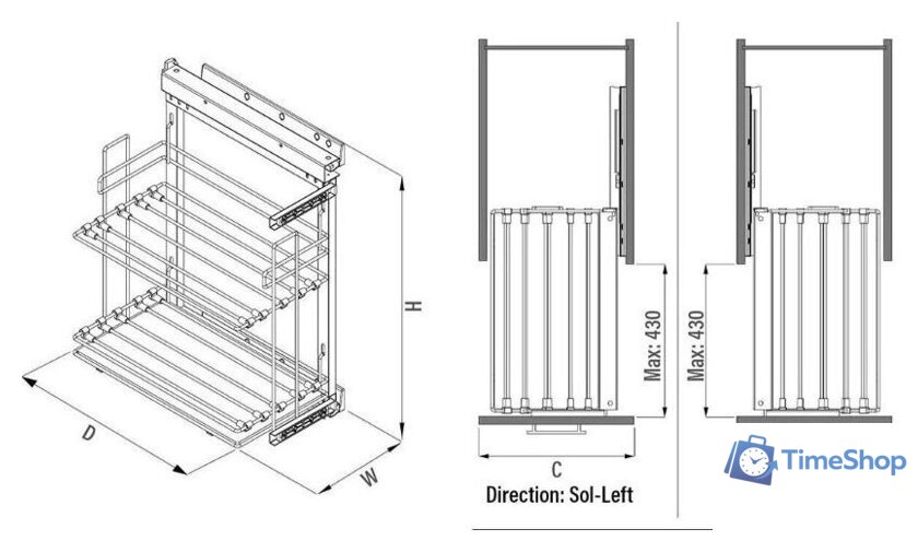 Корзина выдвижная Starax S-2891-C (левое крепление, хром) - Изображение №3 — Интернет-магазин Time-Shop
