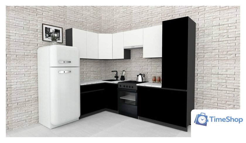 Готовая кухня ВерсоМебель Эко-7 1.4x2.6 левая (белый фасадный/черный/ст.мрамор итальянский) - Изображение №2 — Интернет-магазин Time-Shop