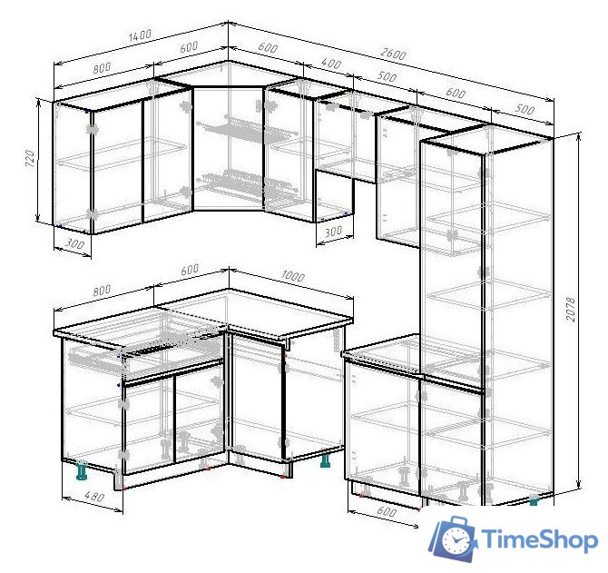 Готовая кухня ВерсоМебель Эко-7 1.4x2.6 левая (белый фасадный/черный/ст.мрамор итальянский) - Изображение №6 — Интернет-магазин Time-Shop