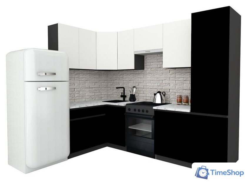 Готовая кухня ВерсоМебель Эко-7 1.4x2.6 левая (белый фасадный/черный/ст.мрамор итальянский) - Изображение №1 — Интернет-магазин Time-Shop