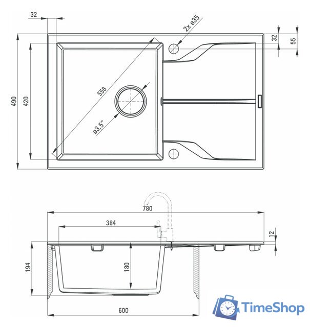Кухонная мойка Deante Andante ZQN T113 (антрацит) - Изображение №2 — Интернет-магазин Time-Shop