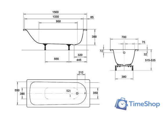 Ванна Kaldewei Eurowa 170x70 (с ножками) - Изображение №2 — Интернет-магазин Time-Shop