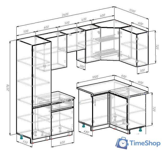 Готовая кухня ВерсоМебель Эко-7 1.2x2.6 правая (сумеречный голубой/дуб гранж песочный/ст.альберика) - Изображение №6 — Интернет-магазин Time-Shop