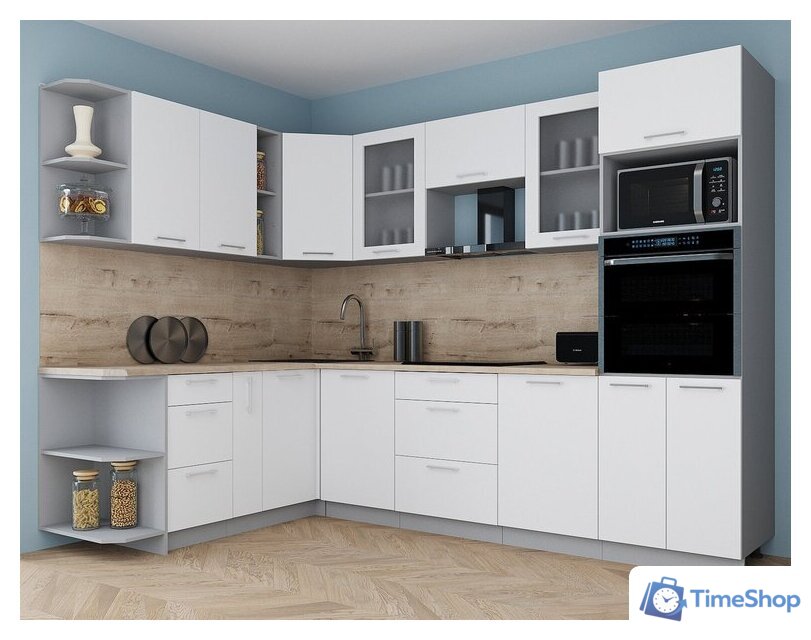 Готовая кухня Интерлиния Мила Gloss 1.88x2.8 левая (белый софт/белый софт/травертин серый) - Изображение №3 — Интернет-магазин Time-Shop