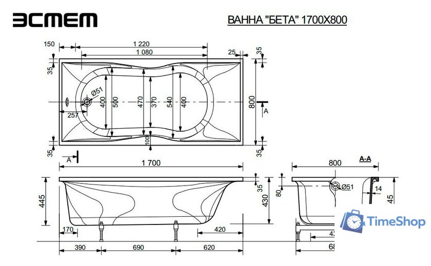 Ванна Эстет Бета 170x80 [2-0016] - Изображение №6 — Интернет-магазин Time-Shop