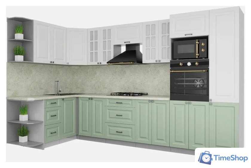Готовая кухня Интерлиния Мила Деко 1.68x3.4 левая (белый-мята-опал светлый) - Изображение №1 — Интернет-магазин Time-Shop