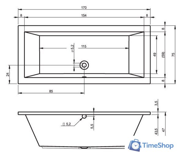 Ванна Riho Lusso 170x75 (без ножек) - Изображение №2 — Интернет-магазин Time-Shop