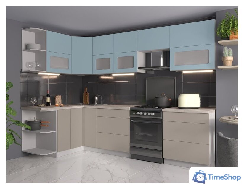 Готовая кухня Интерлиния Мила Матте 1.5x2.9 Б левая (океан/луна/травертин серый) - Изображение №2 — Интернет-магазин Time-Shop