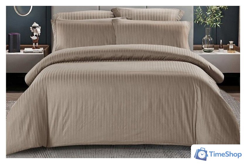 2-спальный комплект постельного белья Alleri Сатин Stripe 2сп с европростыней (латте) - Изображение №1 — Интернет-магазин Time-Shop