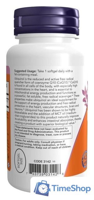 БАД Now Foods Ubiquinol 100 мг (60 капсул) - Изображение №3 — Интернет-магазин Time-Shop