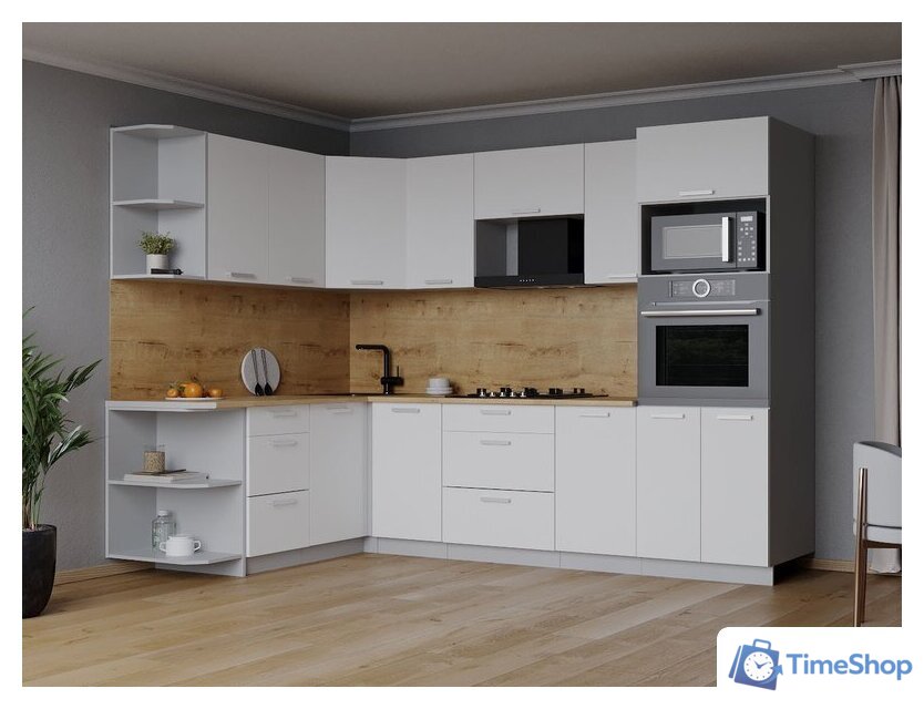 Готовая кухня Интерлиния Мила Лайт 1.68x2.6 левая (белый платинум/белый платинум/дуб бунратти) - Изображение №5 — Интернет-магазин Time-Shop