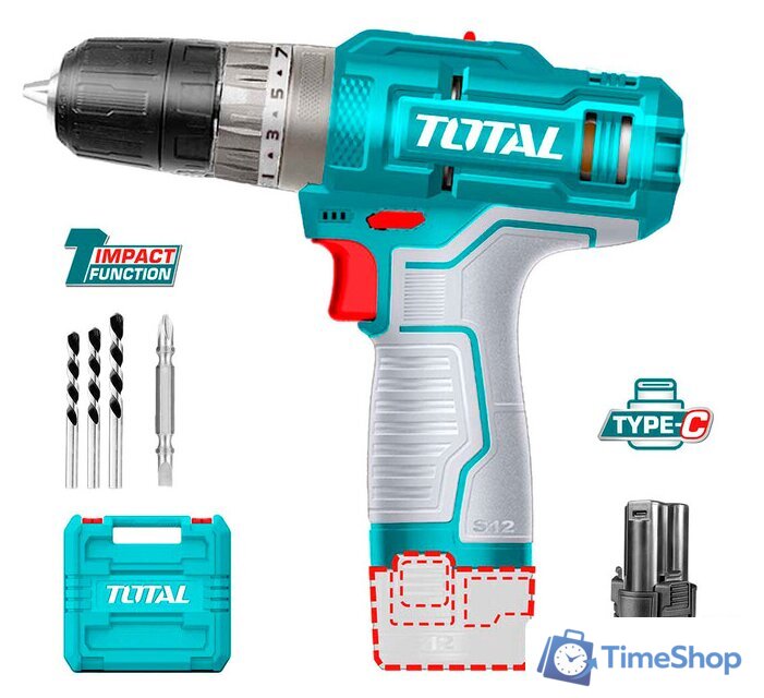 Ударная дрель-шуруповерт Total TIDLI12202 (с 2-мя АКБ, кейс, набор оснастки, без ЗУ) - Изображение №1 — Интернет-магазин Time-Shop