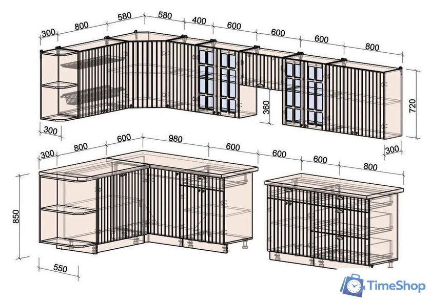 Готовая кухня Интерлиния Берес 1.7x3.6 левая (дуб лазурный/дуб серый/серый каспий) - Изображение №3 — Интернет-магазин Time-Shop