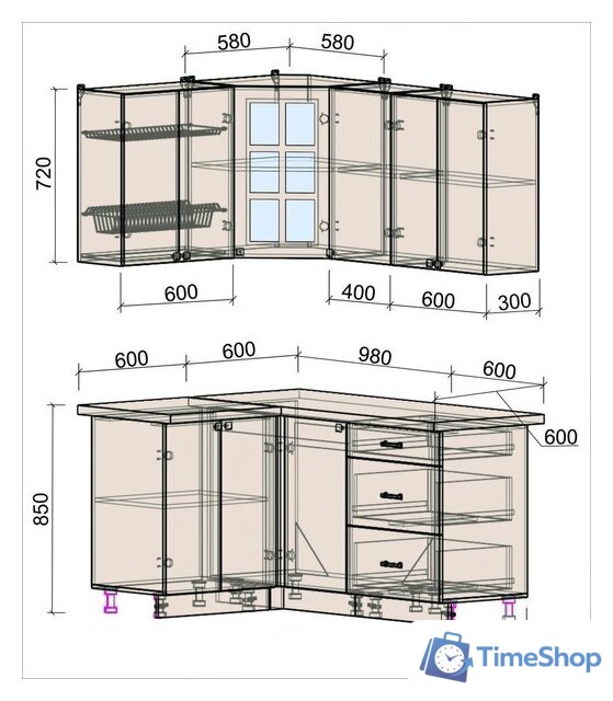 Готовая кухня Интерлиния Мила Деко 1.2x1.6 (мята/травертин серый) - Изображение №3 — Интернет-магазин Time-Shop