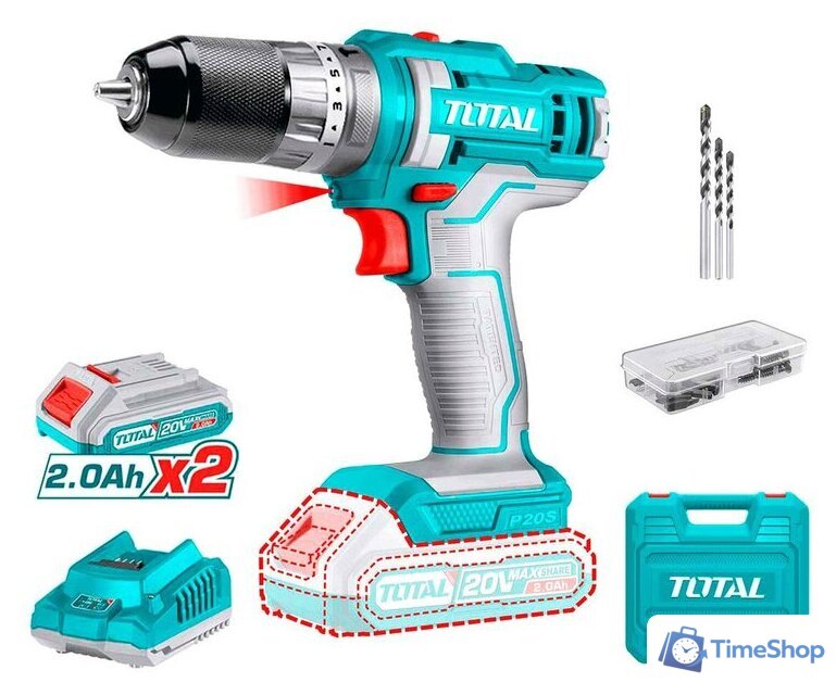 Ударная дрель-шуруповерт Total TIDLI201452 (с 2-мя АКБ, кейс, набор оснастки) - Изображение №1 — Интернет-магазин Time-Shop