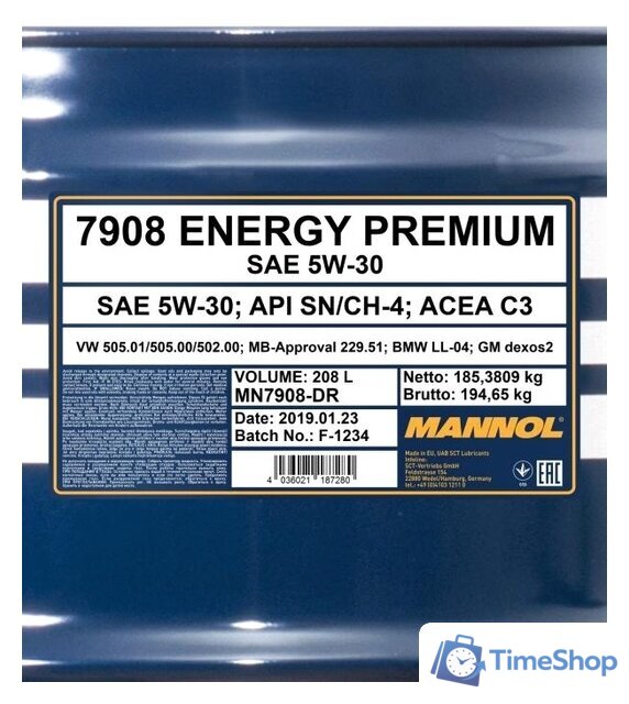 Моторное масло Mannol Energy Premium 5W-30 208л - Изображение №2 — Интернет-магазин Time-Shop