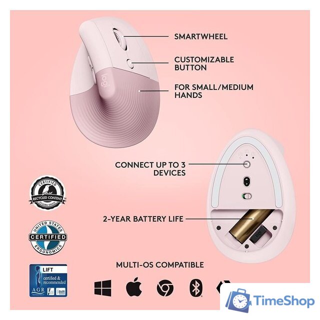 Вертикальная мышь Logitech Lift (розовый) - Изображение №6 — Интернет-магазин Time-Shop