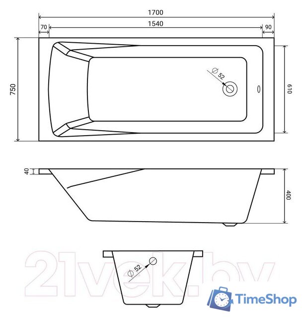 Ванна Lauter Aurora 170x75 21010075 (с ножками и лицевым экраном) - Изображение №15 — Интернет-магазин Time-Shop