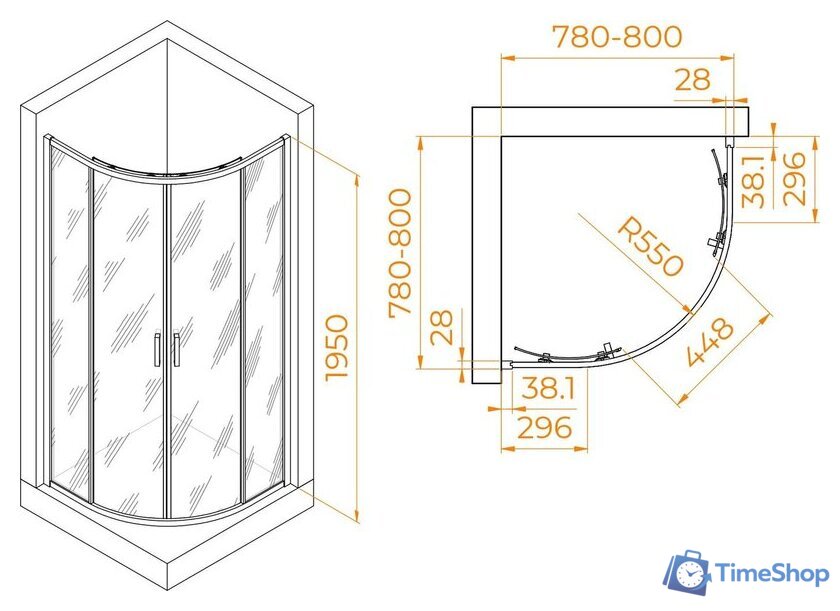 Душевой уголок RGW PA-52 03085288-11 80x80 (хром/прозрачное стекло) - Изображение №2 — Интернет-магазин Time-Shop