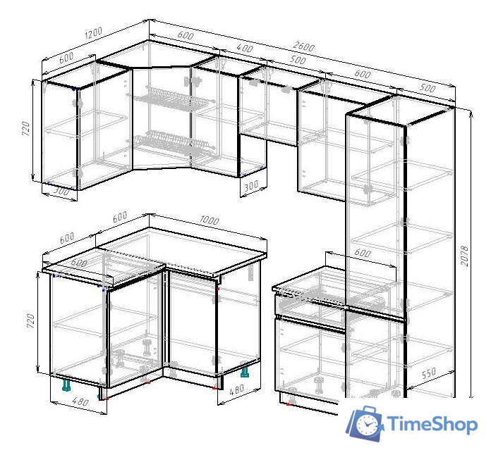Готовая кухня ВерсоМебель Эко-7 1.2x2.6 левая (сумеречный голубой/дуб гранж песочный/ст.альберика) - Изображение №6 — Интернет-магазин Time-Shop
