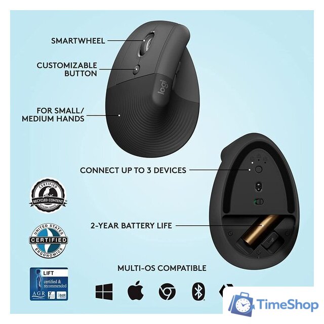 Вертикальная мышь Logitech Lift Left (графит) - Изображение №6 — Интернет-магазин Time-Shop