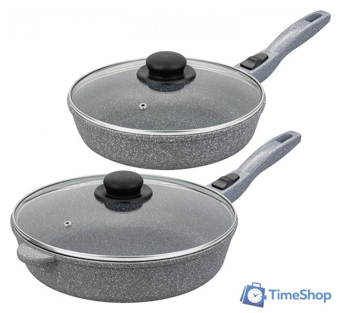 Набор сковород Elan Gallery Гармония вкуса +крышки 120591+2 (4пр, серый мрамор) - Изображение №1 — Интернет-магазин Time-Shop