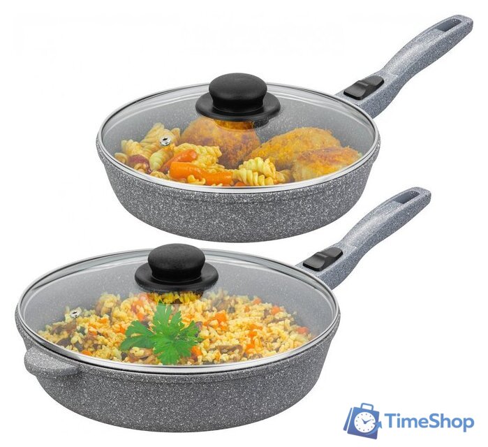 Набор сковород Elan Gallery Гармония вкуса +крышки 120591+2 (4пр, серый мрамор) - Изображение №5 — Интернет-магазин Time-Shop