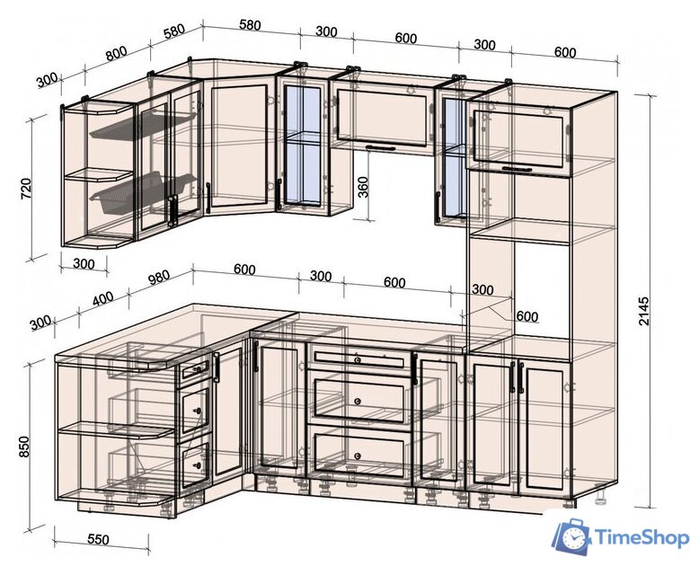 Готовая кухня Интерлиния Тренд 1.68x2.4 ВТ левая (океан/океан/дуб бунратти) - Изображение №5 — Интернет-магазин Time-Shop
