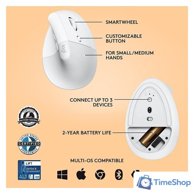 Вертикальная мышь Logitech Lift (белый) - Изображение №6 — Интернет-магазин Time-Shop
