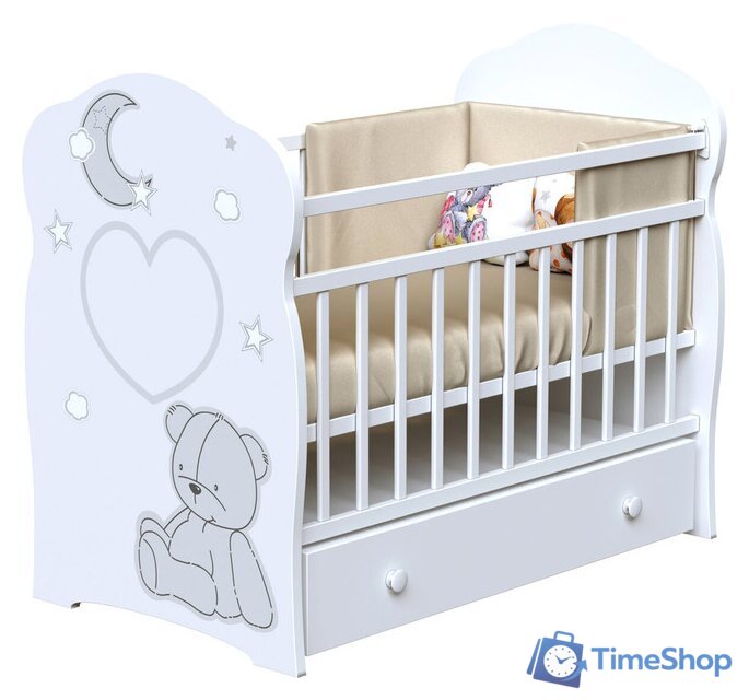 Классическая детская кроватка VDK Bear And Moon маятник и ящик (белый) - Изображение №1 — Интернет-магазин Time-Shop