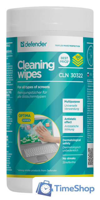 Влажные салфетки Defender CLN 30322 Optima (100 шт) - Изображение №1 — Интернет-магазин Time-Shop