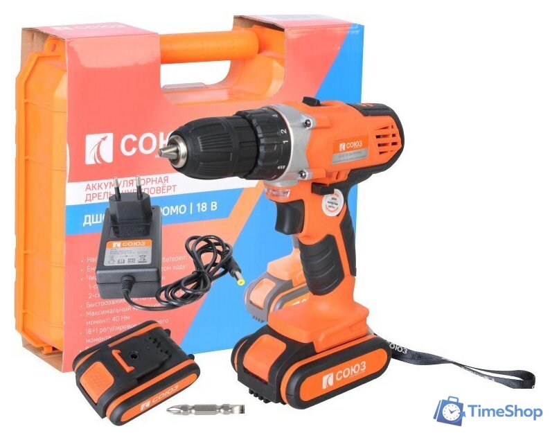 Дрель-шуруповерт Союз ДШС-18-2К-Промо (с 2-мя АКБ, кейс) - Изображение №1 — Интернет-магазин Time-Shop