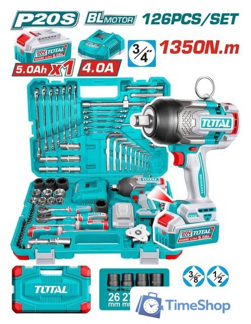 Гайковерт Total THKTHP31262 (с 1-им АКБ, кейс, набор инструментов) - Изображение №1 — Интернет-магазин Time-Shop