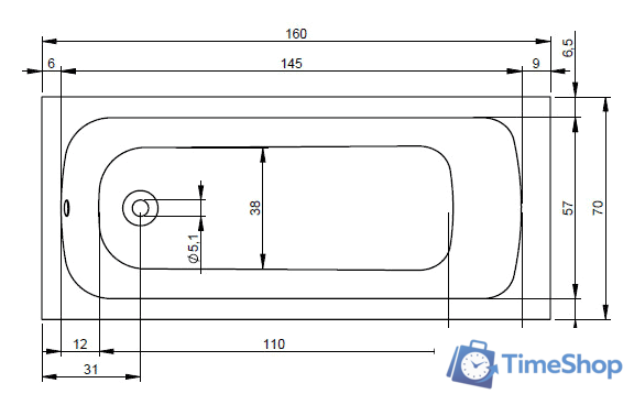 Ванна Riho Dola 160x70 BB30 (без ножек) - Изображение №2 — Интернет-магазин Time-Shop
