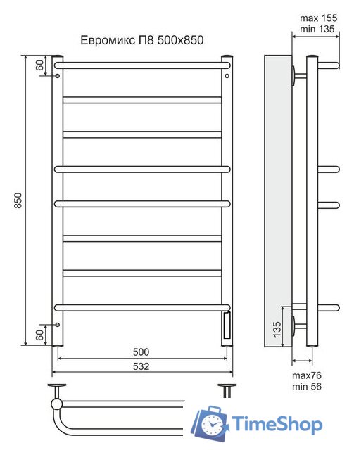 Полотенцесушитель TERMINUS Евромикс П8 электро с диммером (500x850) - Изображение №3 — Интернет-магазин Time-Shop