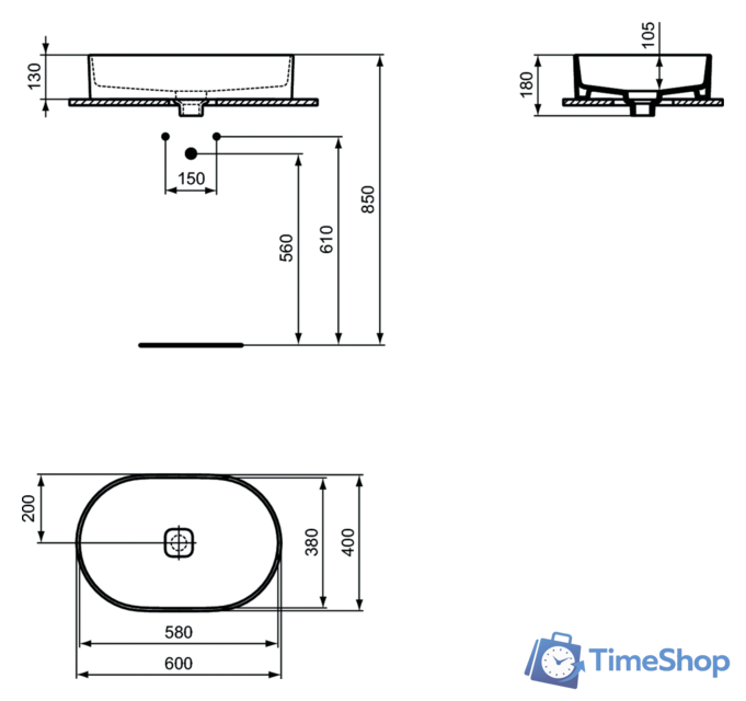 Умывальник Ideal Standard Strada II Oval Vesse 60 T298101 - Изображение №2 — Интернет-магазин Time-Shop