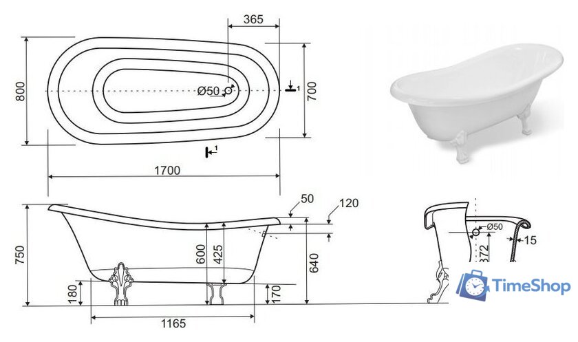 Ванна Эстет Марсель 170x80 - Изображение №6 — Интернет-магазин Time-Shop