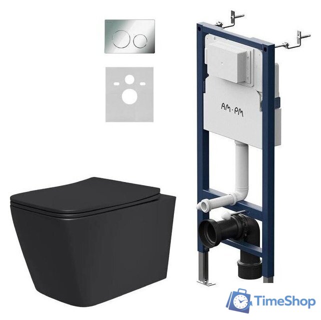 Унитаз подвесной Lauter Magdeburg 21103EC + AM.PM PrimeFit I012709.0151 (черный матовый хром глянцевый, с кнопкой смыва) - Изображение №1 — Интернет-магазин Time-Shop