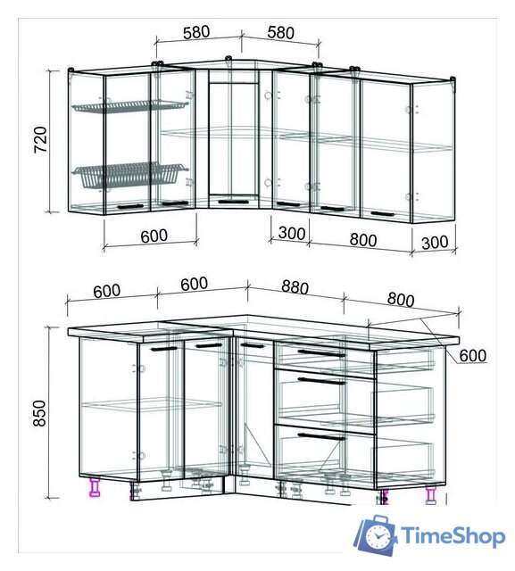 Готовая кухня Интерлиния Мила Пластик 1.2x1.7 (слива глянец/ваниль глянец/травертин) - Изображение №2 — Интернет-магазин Time-Shop